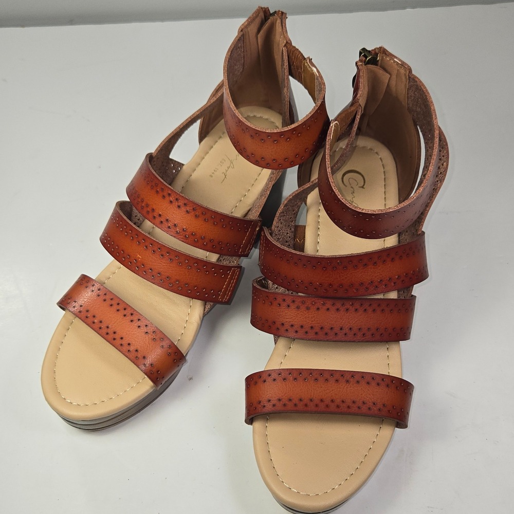 Comfort Est. 1948 Women Cognac Perforated Strappy Block Heel Platform Sandal 8.5